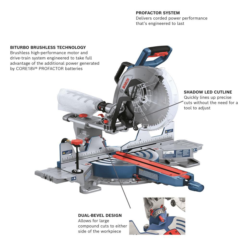 Bosch PROFACTOR 18V Surgeon 12in Dual Bevel Slide Miter Saw Kit with 1 CORE18V 8.0 Ah PROFACTOR Performance Battery 3 Bosch PROFACTOR 18V Surgeon 12in Dual Bevel Slide Miter Saw Kit with 1 CORE18V 8.0 Ah PROFACTOR Performance Battery - Image 3