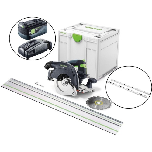 Festool HKC 55 EB-F-Basic Cordless Circular Track Saw, 55 Inch Guide Rail, 2 Guide Rail Connectors, 18V 5Ah Lithium Ion Battery & Rapid Charger