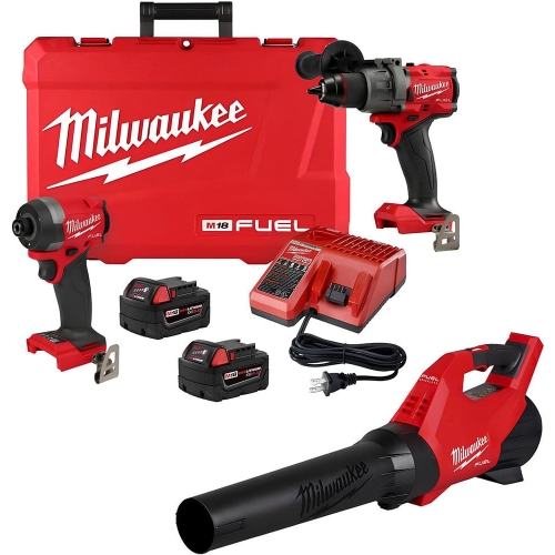 Milwaukee M18 FUEL 1/2 Inch Hammer Drill, 1/4 Inch Impact Driver & Blower Combo Kit Bundle