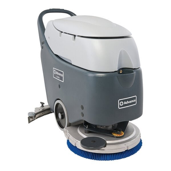 Advance SC450 56383956 20" Walk Behind Floor Scrubber with (2) 105 Ah Wet Batteries, Charger, and Splash Skirt - 10.5 Gallon / 11.9 Gallon