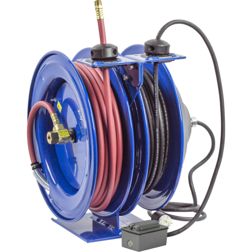 Coxreels Hose Reel Dual Purpose Spring Rewind 3/8in x 50' 300PSI GFCI Receptacle 50' cord 12 AWG